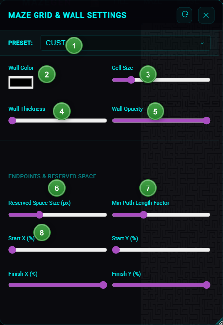 Maze grid and wall settings