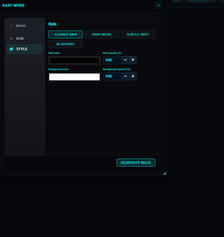 Easy Mode Style tab with Classic B and W, Dark Mode, Subtle Gray, and Blueprint presets.